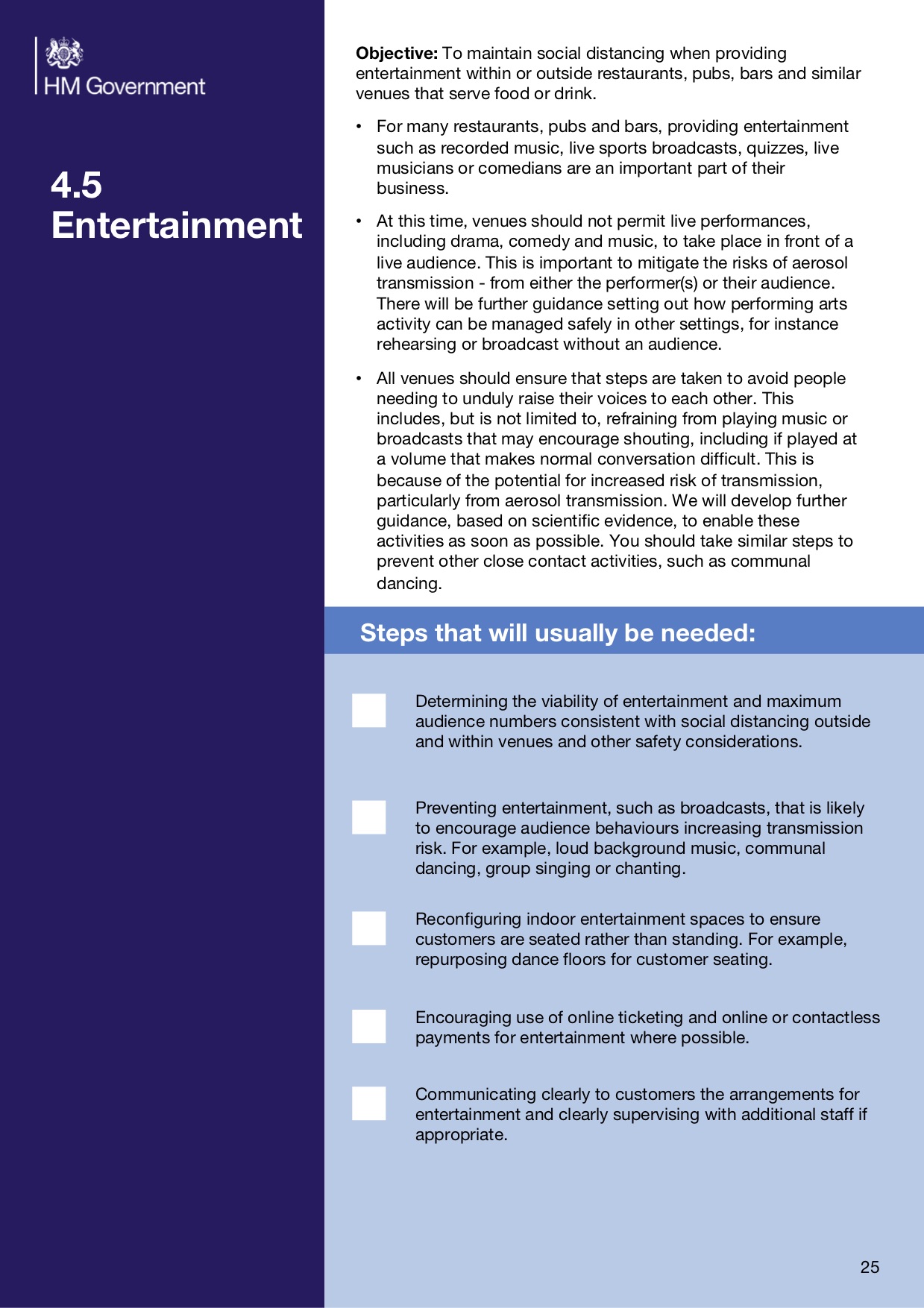 HM Government Section 4.5 Entertainment Covid-19 Coronavirus