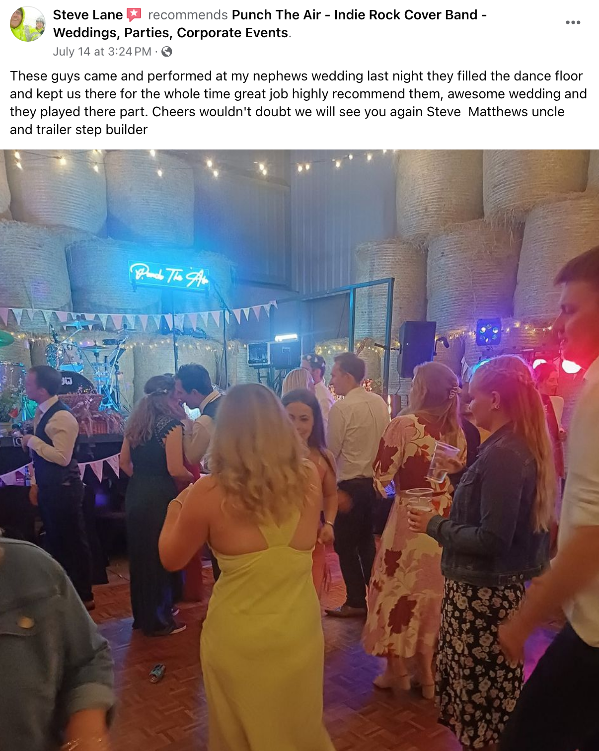 guests review of wedding band on a farm